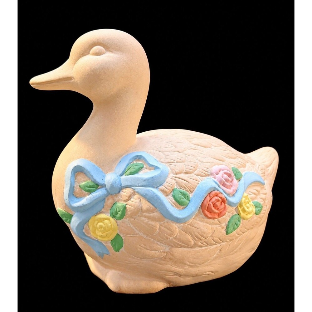 Vintage Bisque Pinky Peach Duck, Blue Ribbon, Purple Red Yellow Roses, 6"